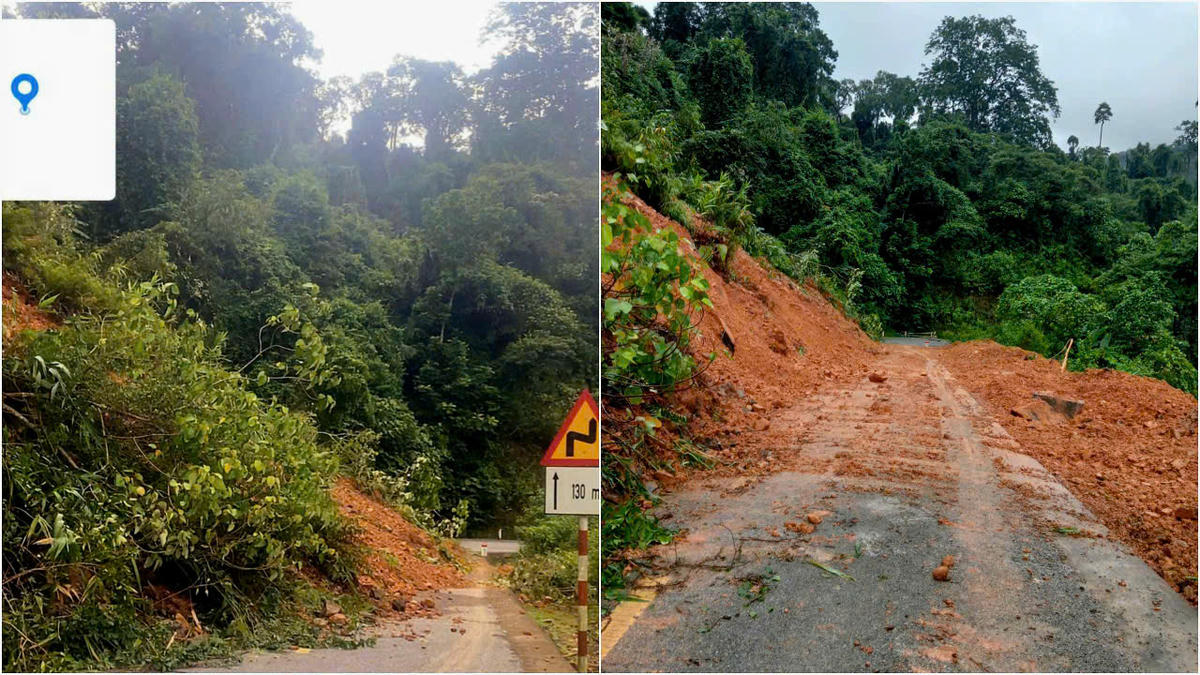 Điểm sạt lở trên quốc lộ 9B đoạn qua xã Kim Ngân xảy ra vào ngày 21/10 và đã được khắc phục. Ảnh: UB.