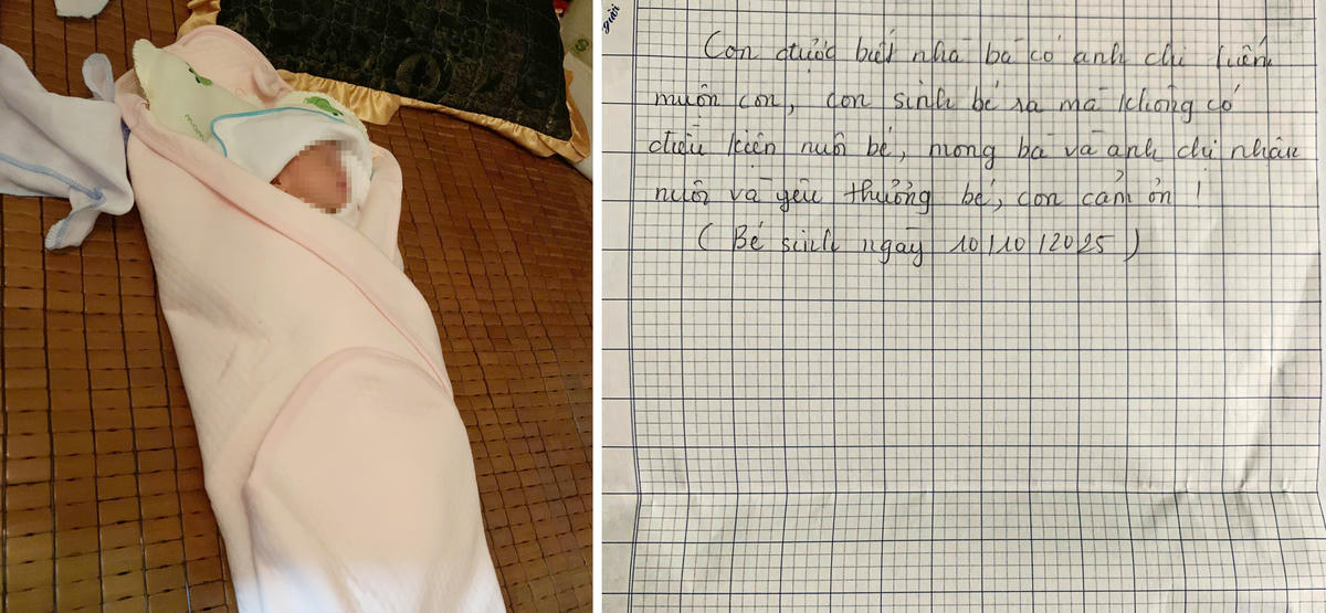 Bé gái bị bỏ rơi kèm theo bức thư của người mẹ. 