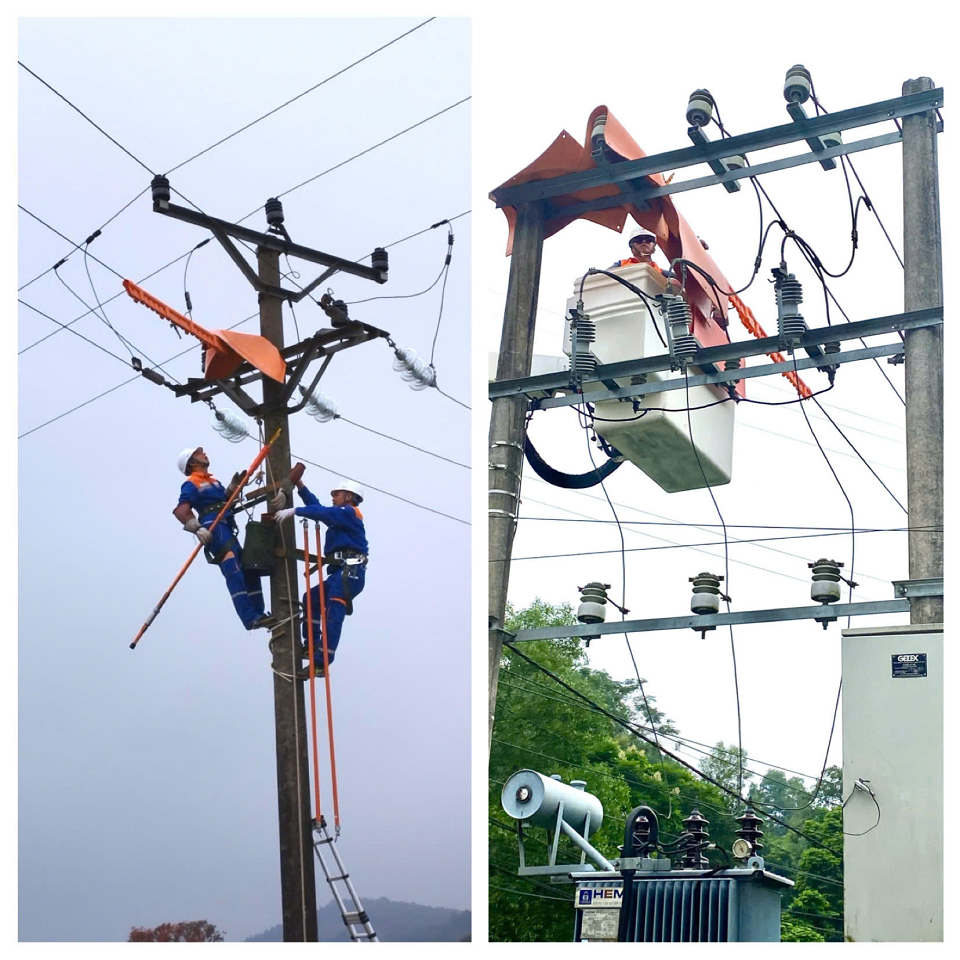 Công nhân Đội Hotline PC Phú Thọ thực hiện thao tác xử lý nguy cơ sự cố, vệ sinh và bảo dưỡng thiết bị trên đường dây trung áp đang mang điện, góp phần nâng cao độ tin cậy cung cấp điện.