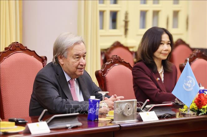 Tổng Thư ký Liên hợp quốc António Guterres phát biểu tại cuộc hội đàm với Chủ tịch nước Lương Cường. Ảnh: Lâm Khánh/TTXVN