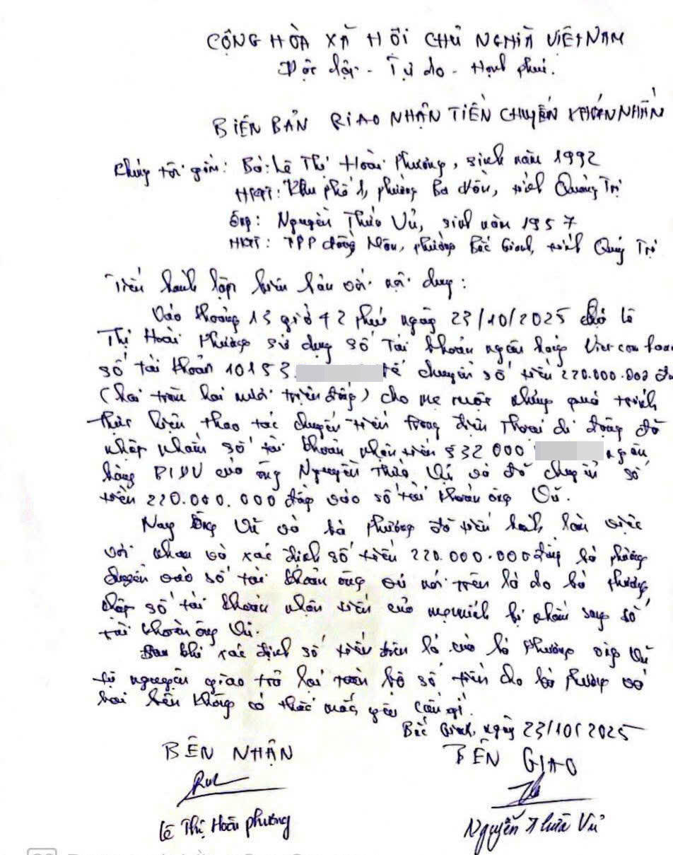 Biên bản hoàn trả lại toàn bộ số tiền 220 triệu đồng.