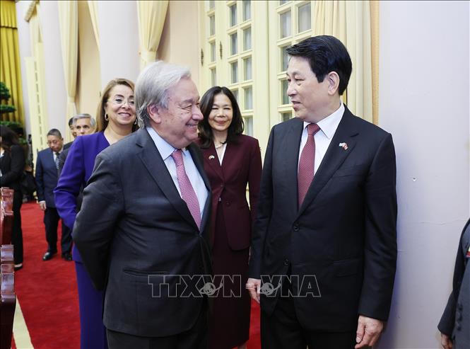 Chủ tịch nước Lương Cường với Tổng Thư ký Liên hợp quốc António Guterres sau hội đàm. Ảnh: Lâm Khánh/TTXVN