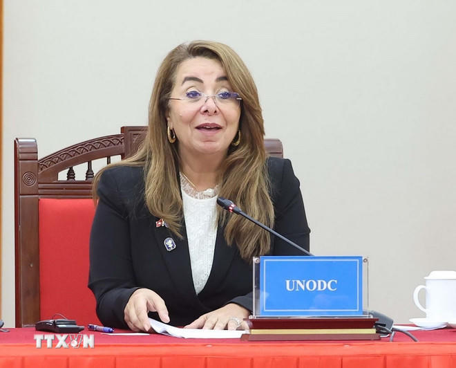 Giám đốc điều hành Cơ quan Phòng chống ma túy và tội phạm của Liên hợp quốc (UNODC) Ghada Waly phát biểu tại cuộc gặp Tổng Bí thư Tô Lâm. (Ảnh: Thống Nhất/TTXVN)