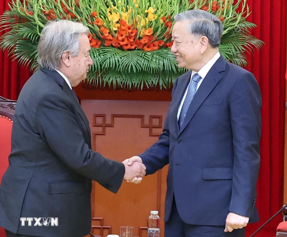 Tổng Bí thư Tô Lâm tiếp Tổng Thư ký Liên hợp quốc António Guterres (Ảnh: Thống Nhất/TTXVN)