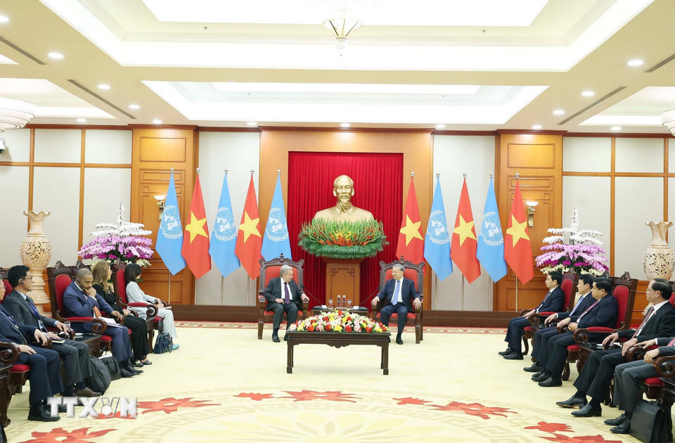 Tổng Bí thư Tô Lâm tiếp Tổng Thư ký Liên hợp quốc António Guterres (Ảnh: Thống Nhất/TTXVN)