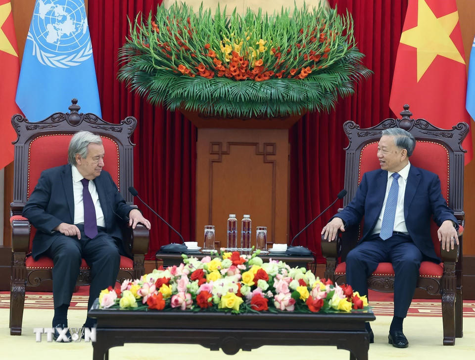 Tổng Bí thư Tô Lâm tiếp Tổng Thư ký Liên hợp quốc António Guterres (Ảnh: Thống Nhất/TTXVN)
