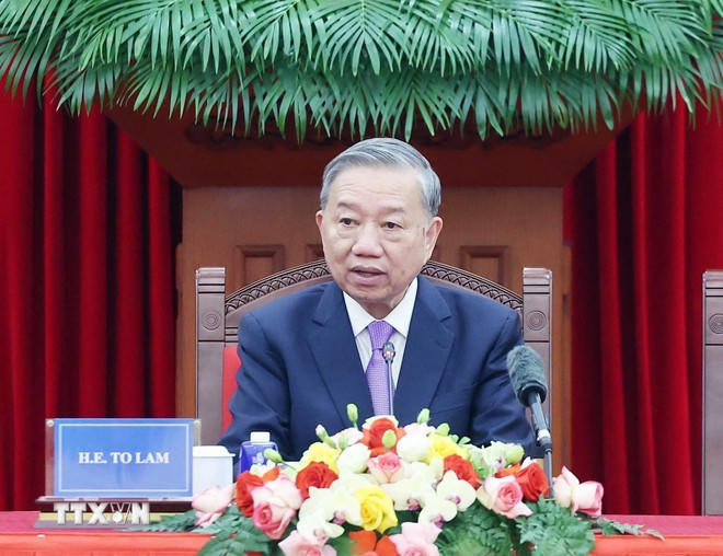 Tổng Bí thư Tô Lâm phát biểu tại buổi tiếp Trưởng đoàn các nước tham dự Lễ mở ký Công ước Hà Nội. (Ảnh: Thống Nhất/TTXVN)