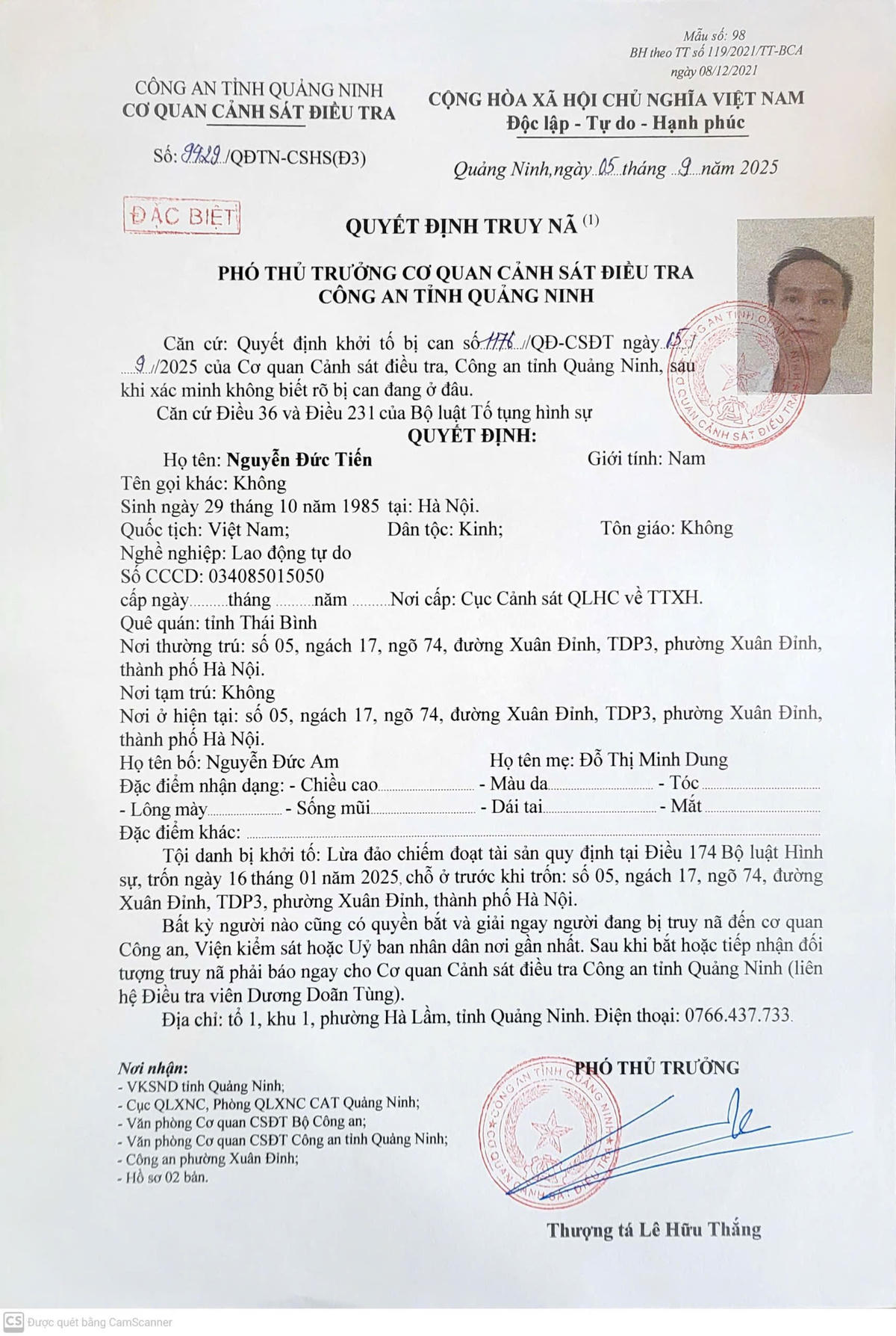            Quyết định truy nã đối với Nguyễn Đức Tiến. Ảnh: Nguyễn Khánh.&nbsp;