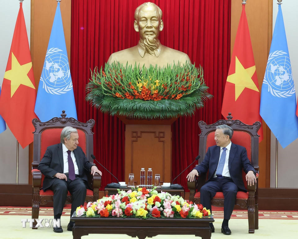 Tổng Bí thư Tô Lâm tiếp Tổng Thư ký Liên hợp quốc António Guterres (Ảnh: Thống Nhất/TTXVN)