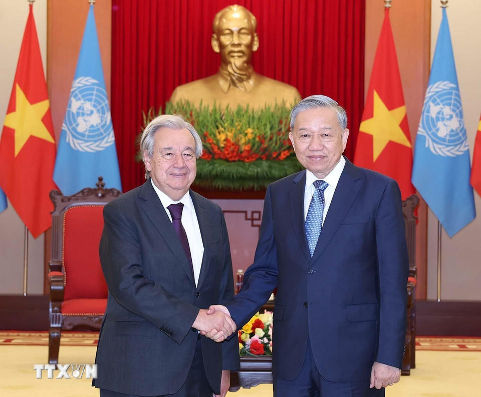 Tổng Bí thư Tô Lâm tiếp Tổng Thư ký Liên hợp quốc António Guterres (Ảnh: Thống Nhất/TTXVN)