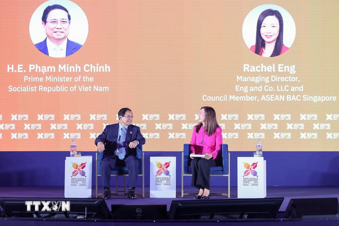 Thủ tướng Phạm Minh Chính tham dự Phiên Đối thoại Cấp cao tại Hội nghị Thượng đỉnh Kinh doanh và Đầu tư ASEAN (ABIS). (Ảnh: Dương Giang/TTXVN)
