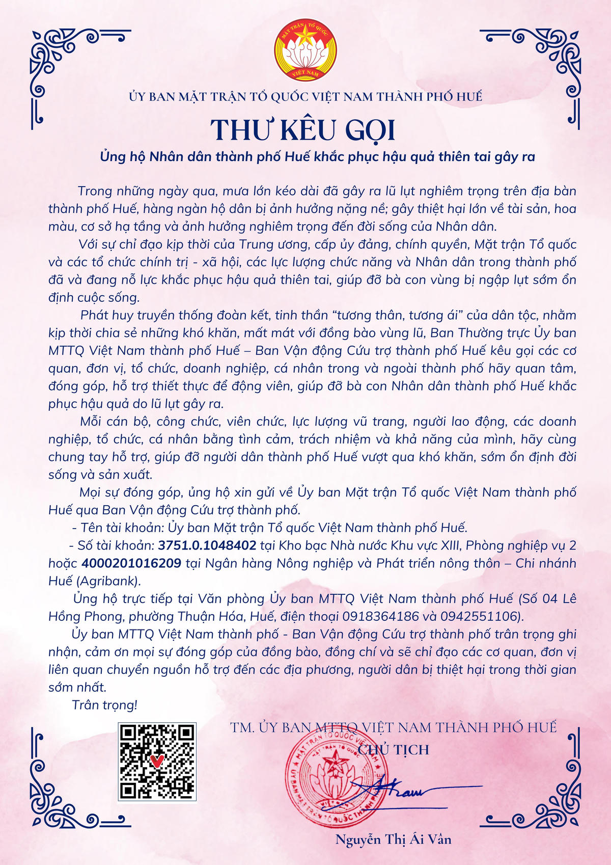Ủy ban MTTQ Việt Nam thành phố Huế viết thư kêu gọi ủng hộ nhân dân thành phố Huế khắc phục hậu quả do thiên tai gây ra.