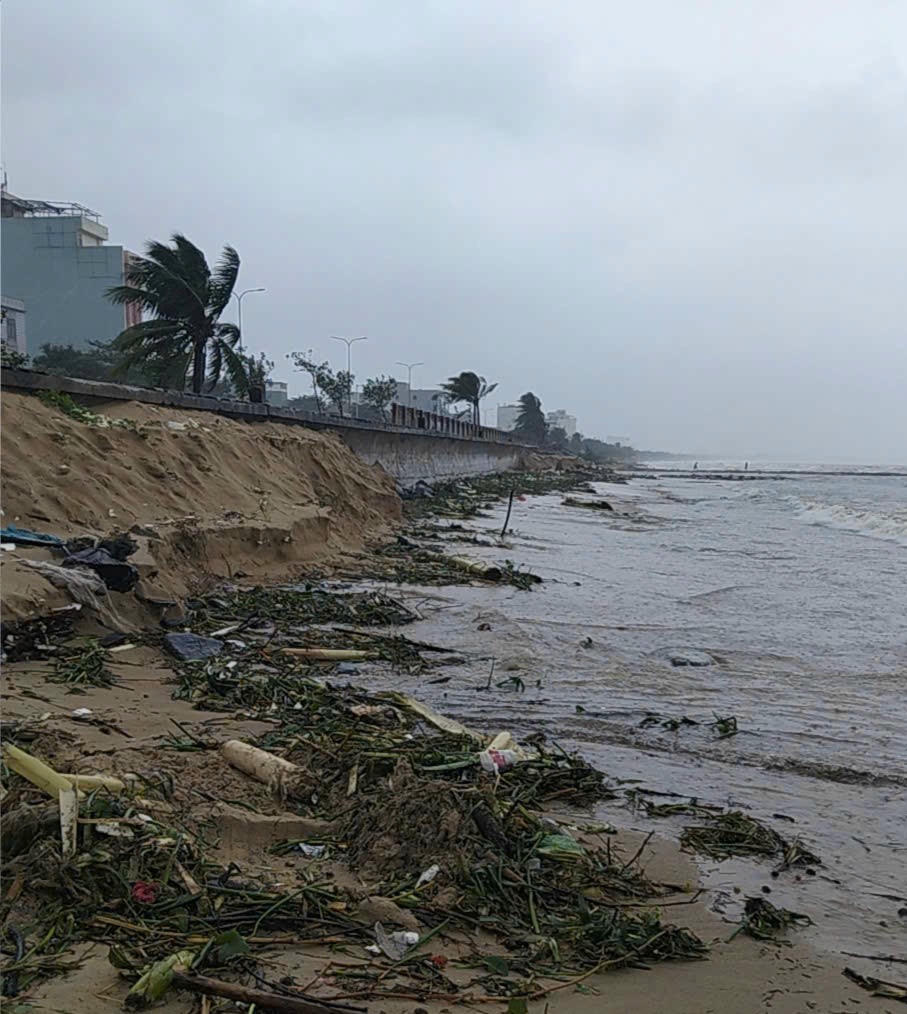 Sóng biển xâm thực sâu, sát đường Nguyễn Tất Thành, mang theo lượng rác lớn. Ảnh: Nguyễn Tú.