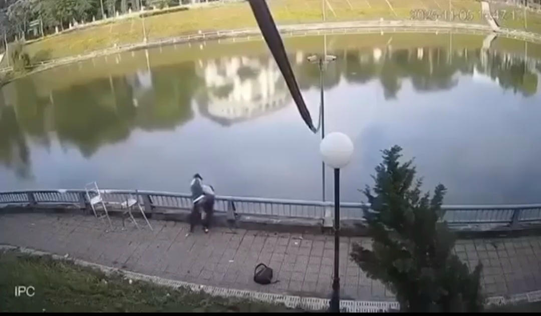 Sau khi đâm, Đ. còn đẩy T. xuống hồ. Ảnh: Cắt từ clip.