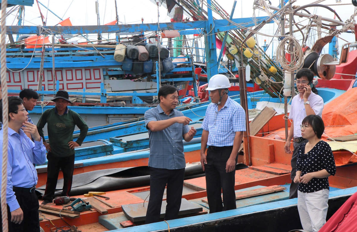 Thứ trưởng Bộ Nông nghiệp và Môi trường Nguyễn Hoàng Hiệp (ở giữa) kiểm tra ứng phó bão số 13 tại cảng cá Tịnh Hòa. Ảnh: CV.