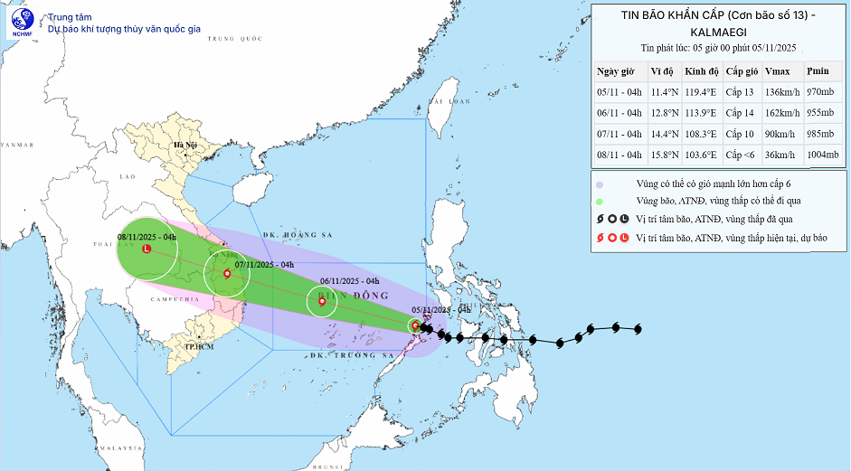 Hướng đi của bão số 13. Ảnh: KTTV