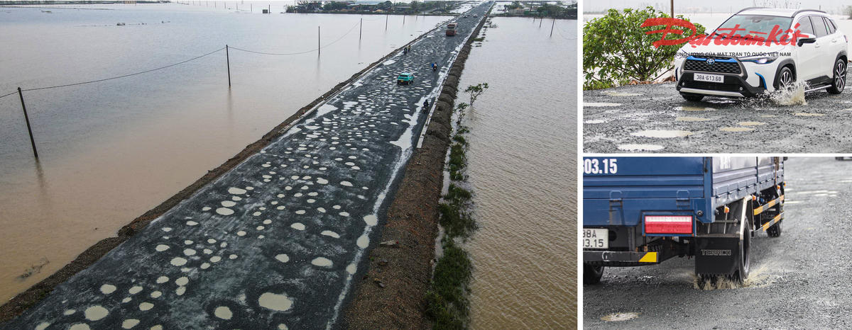 Nhiều phương tiện buộc phải giảm tốc độ, lách sang phần đường còn lại, các xe tải, xe ô tô con phải dừng chờ để tránh va chạm. Ảnh: Cẩm Kỳ 