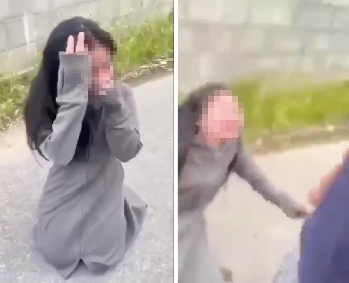 Nhóm nữ sinh đánh bạn, ép quỳ gối xin lỗi lan truyền trên mạng xã hội. Ảnh cắt từ clip.