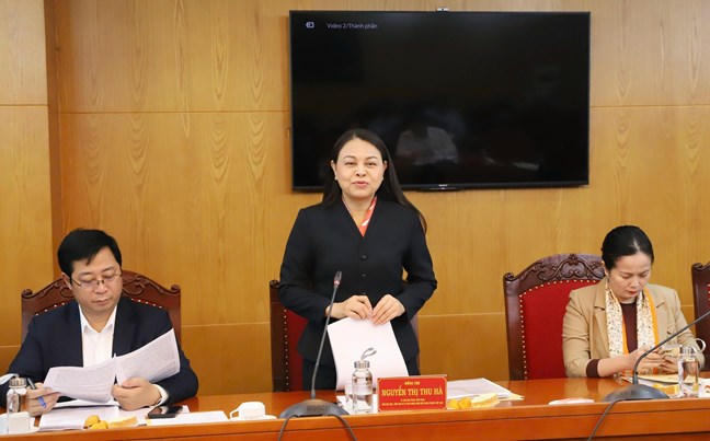 Phó Chủ tịch - Tổng Thư ký UBTƯ MTTQ Việt Nam Nguyễn Thị Thu Hà phát biểu tai cuộc làm việc. 