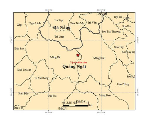 Vị trí tâm chấn động đất 4.0 độ Richter ở xã Măng Ri. Ảnh: Viện Các khoa học Trái đất