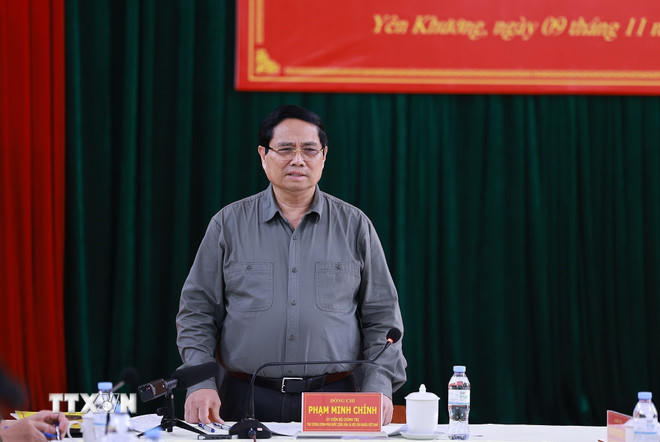 Thủ tướng Phạm Minh Chính làm việc với Ban Thường vụ Tỉnh ủy Thanh Hóa về tình hình phát triển kinh tế-xã hội. (Ảnh: Dương Giang/TTXVN).