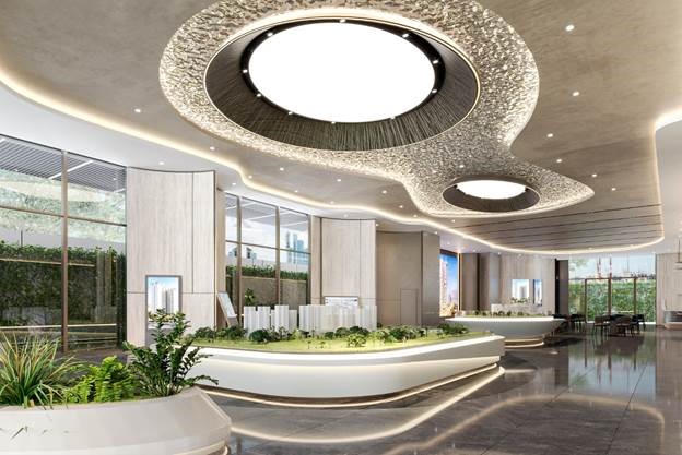 Không gian tham quan, đón tiếp khách hiện đại với nhiều mảng xanh và mô hình kiến trúc các dự án.