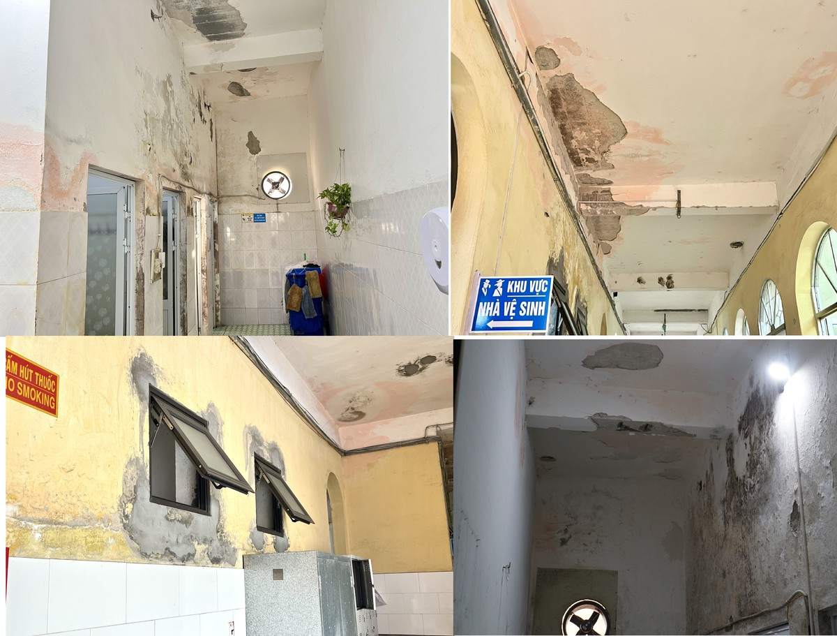Khu vực nhà vệ sinh Khoa Ngoại thần kinh - Lồng ngực xuống cấp, dù có sửa chữa, gắn vá nhưng chỉ mang tính chất tạm thời. 