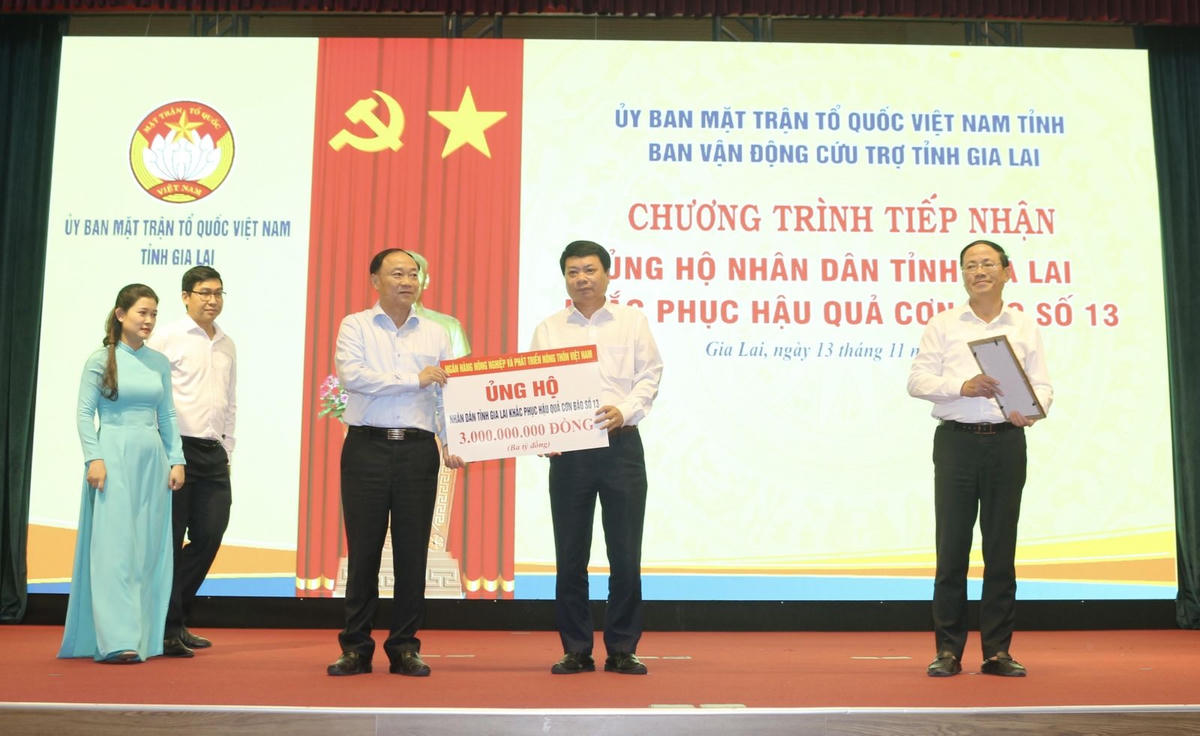 Ngân hàng Nông nghiệp và Phát triển nông thôn trao bảng tượng trưng hỗ trợ 3 tỷ đồng cho nhân dân tỉnh Gia Lai khắc phục hậu quả do cơn bão số 13 gây ra. Ảnh: CV.