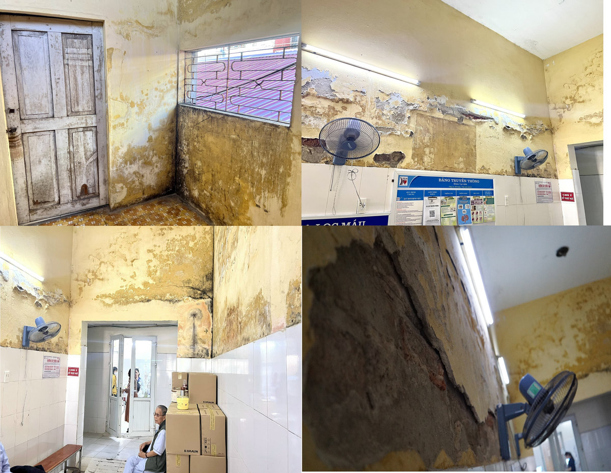 Khu vực khoa lọc máu, khu nhà cấp cứu - Bệnh viện Kiến An có nhiều phòng xuống cấp, tường loang lổ, ngấm dột. Ảnh: PT. 