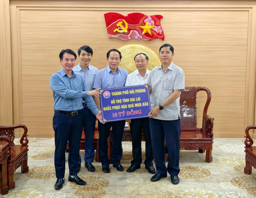 Đoàn công tác của TP Hải Phòng trao 10 tỷ đồng hỗ trợ tỉnh Gia Lai. Ảnh: Dũng Nhân.