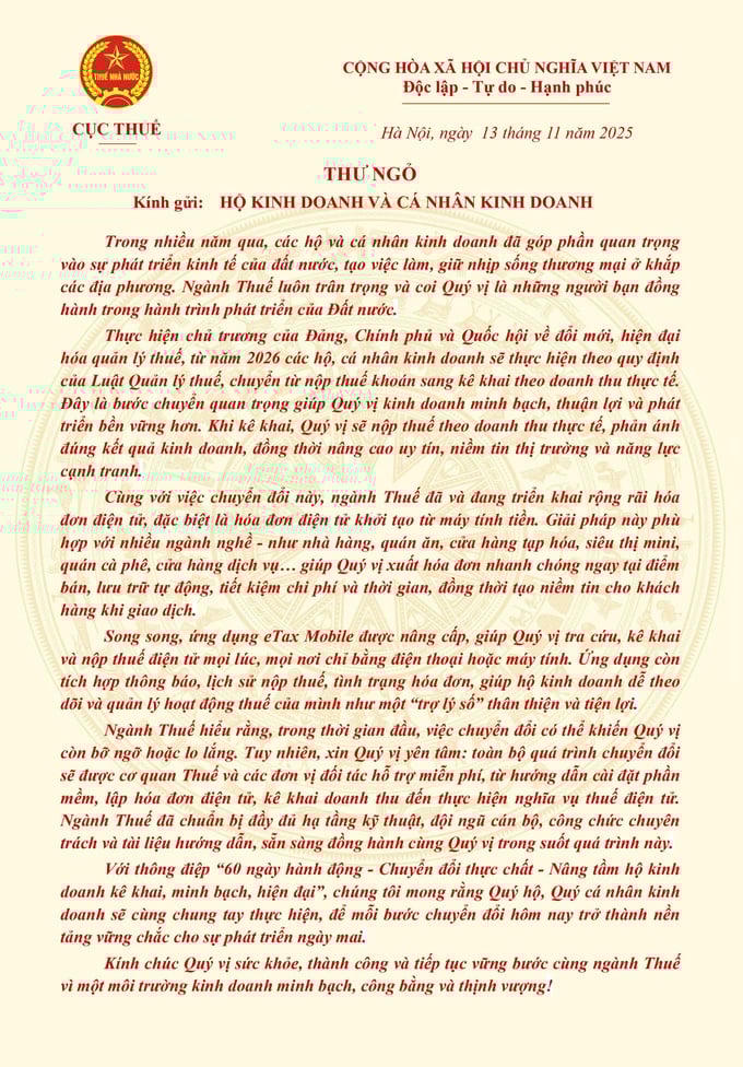 Thư ngỏ của Tổng cục Thuế. Ảnh: GDT.