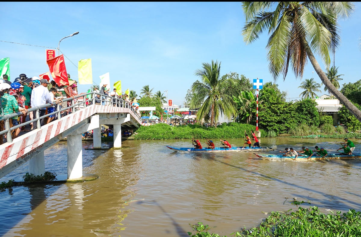 Giải bơi đua vỏ lãi composite khiến bức tranh quê ở Long Thạnh trở nên tươi đẹp hơn. Ảnh Nguyễn Minh.