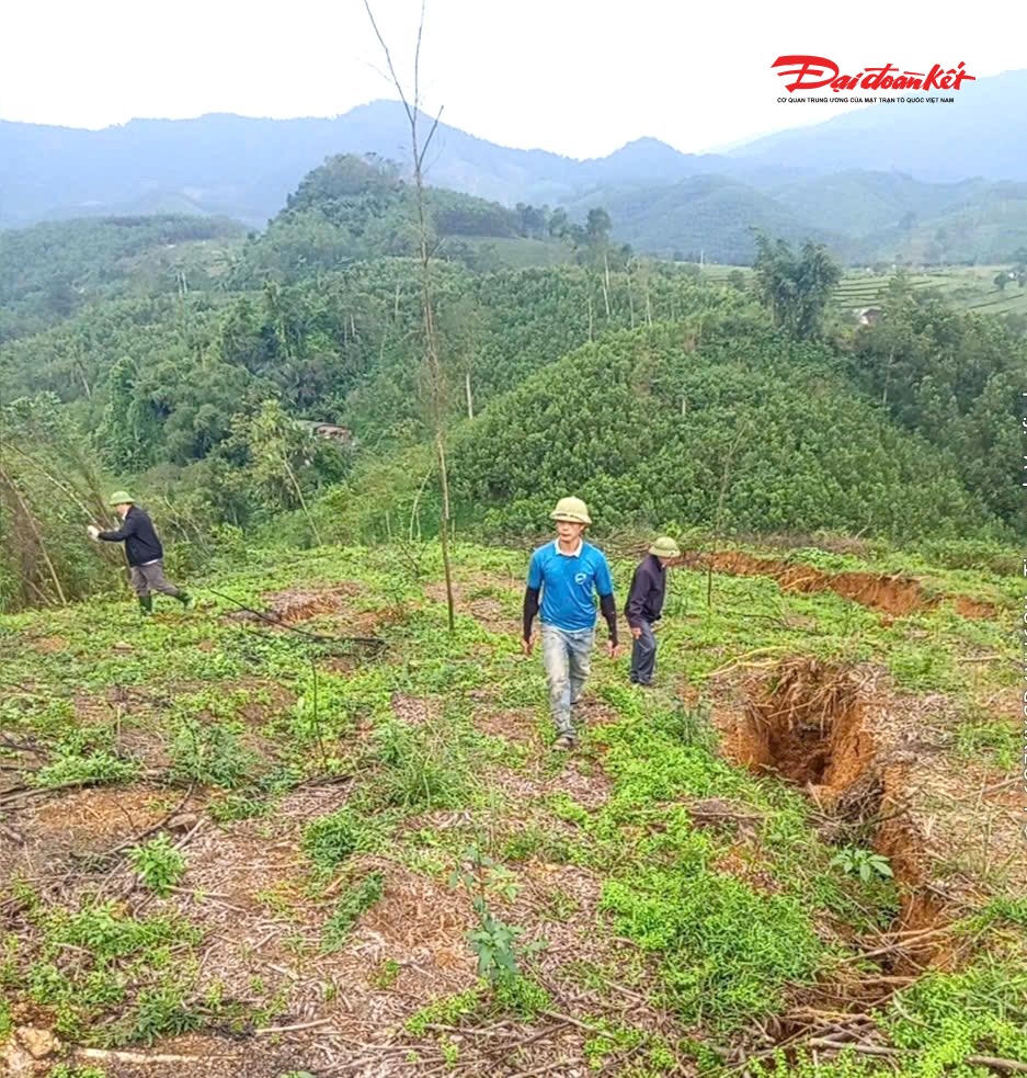 Người dân phát hiện vết nứt lớn trên đồi. Ảnh: CA.