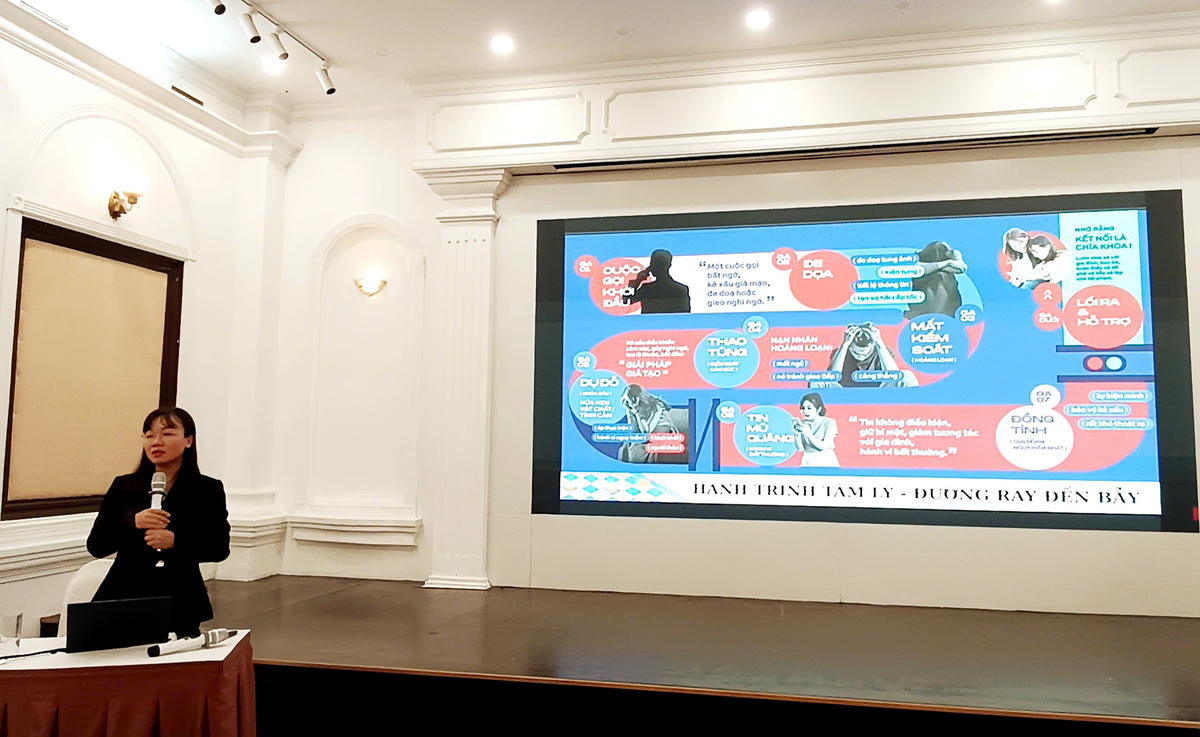 Giảng viên Đinh Thị Như Hoa, đến từ Trung tâm 2 - Cục An ninh mạng và phòng, chống tội phạm sử dụng công nghệ cao (Bộ Công An) đã chia sẻ về những phương pháp tăng cường bảo vệ trẻ em trong kỷ nguyên số. Ảnh: P. Sỹ.