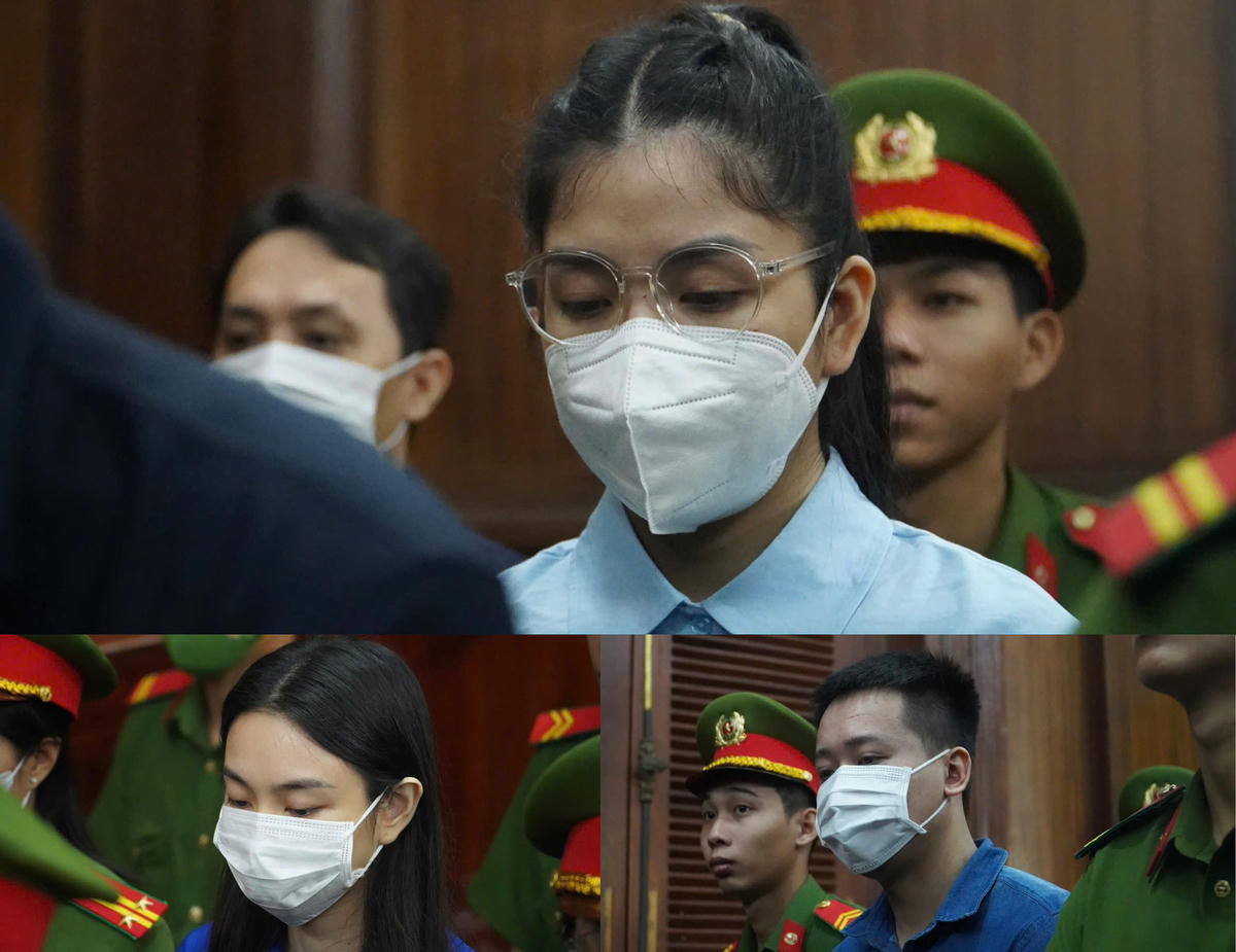 Các bị cáo Nguyễn Thúc Thùy Tiên (hoa hậu Thuỳ Tiên), Phạm Quang Linh (Quang Linh Vlogs), Nguyễn Thị Thái Hằng (Hằng Du Mục) tại toà. Ảnh: Hồng Phúc.