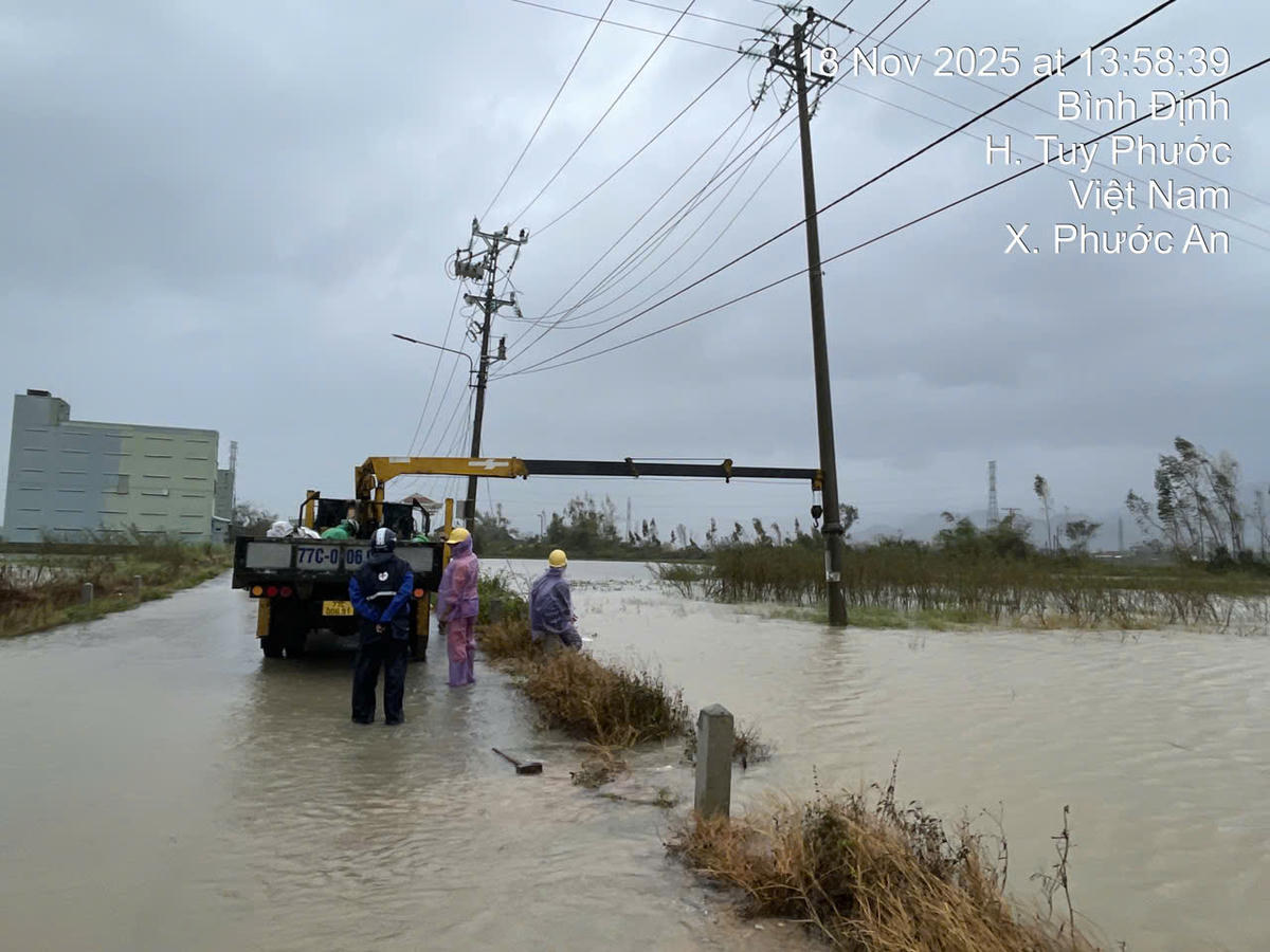 Công nhân điện lực khắc phục sự cố do mưa lũ. Ảnh: Nguyễn Tú.