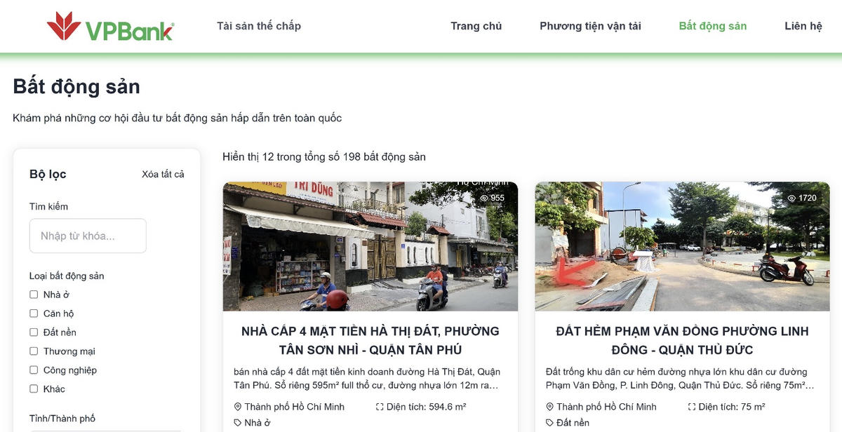 Đa dạng sản phẩm bất động sản được cập nhật liên tục trên website thanh lý tài sản của VPBank.