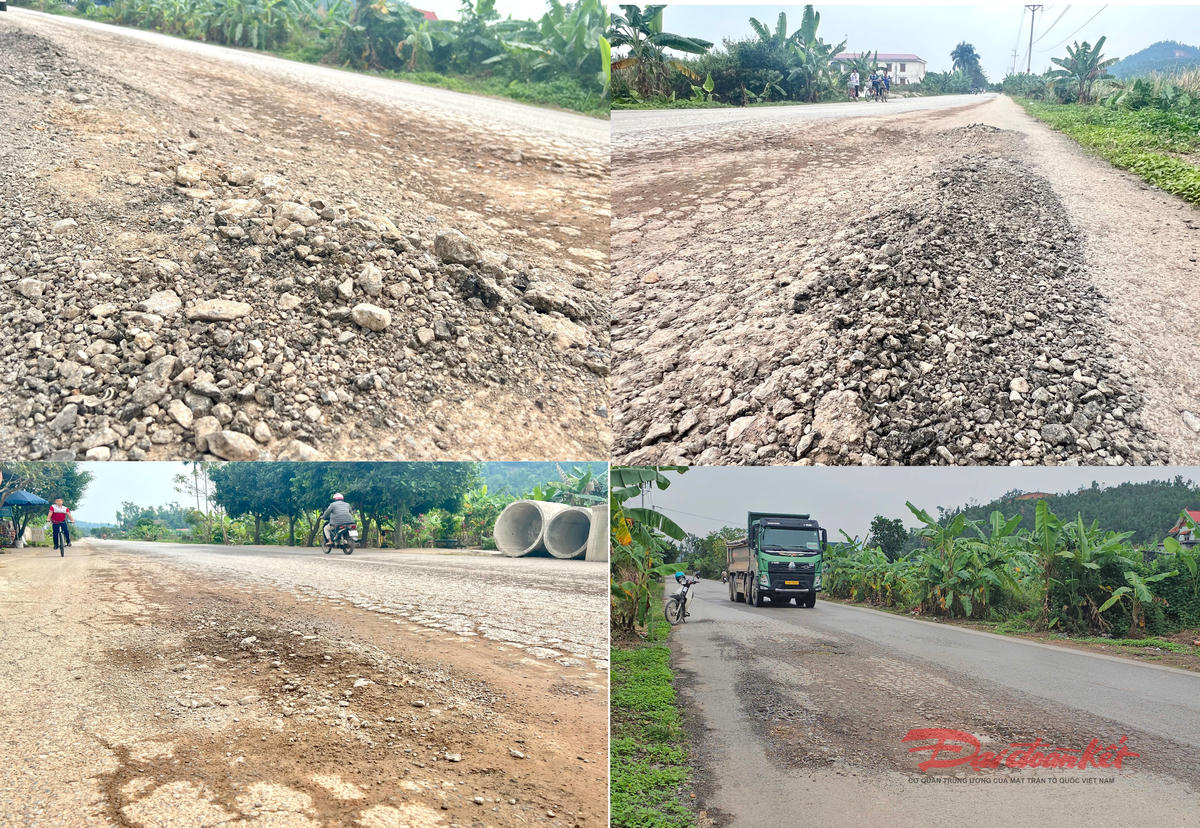 Người dân phản ánh, con đường dân sinh nối từ khu vực núi Niêm Sơn Nội đến đường ĐT 352 xuống cấp do "oằn mình" chịu đựng các đoàn xe trọng tải lớn. Ảnh: PT.&nbsp;