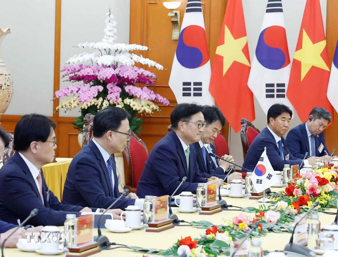 Chủ tịch Quốc hội Đại Hàn Dân Quốc Woo Won Shik tại buổi tiếp. (Ảnh: Thống Nhất/TTXVN)