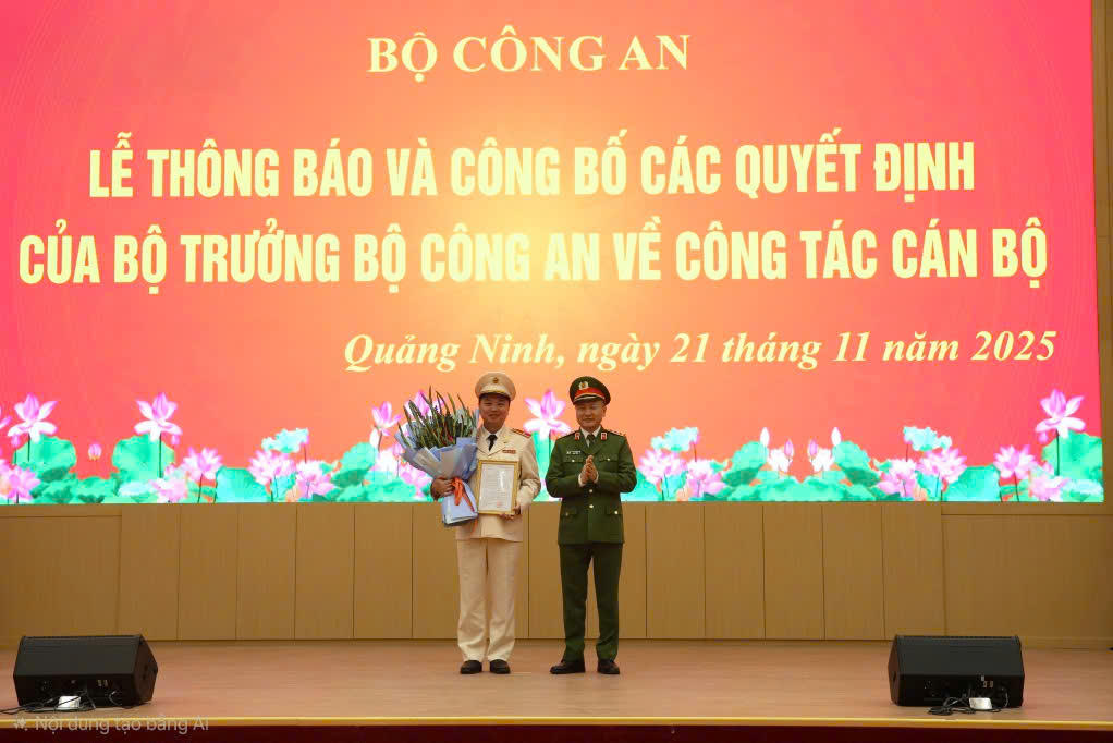 Thượng tướng Nguyễn Ngọc Lâm, Thứ trưởng Bộ Công an tặng hoa chúc mừng Thiếu tướng Nguyễn Tiến Trung, Giám đốc Công an tỉnh Quảng Ninh. Ảnh; MInh Đức.