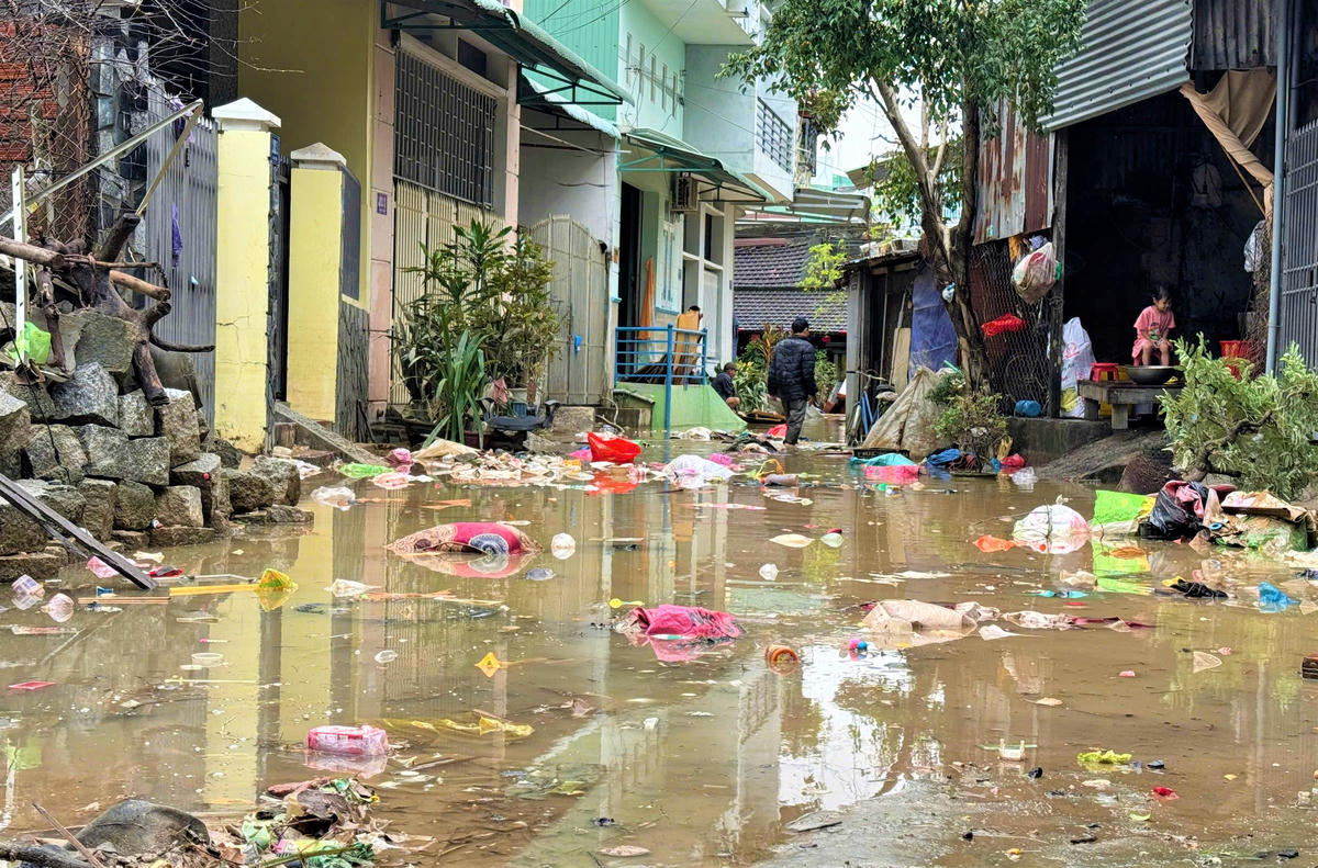 Một góc khu dân cư phường Quy Nhơn Đông rác thải tràn ngập sau khi nước lũ rút. Ảnh: Đ. Sang.