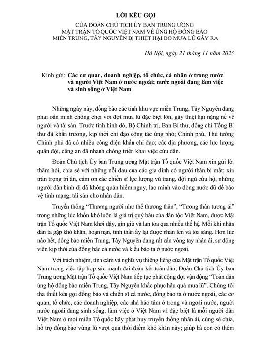 LỜI KÊU GỌI của Đoàn Chủ tịch Ủy ban Trung ương MTTQ Việt Nam về ủng hộ đồng bào miền Trung, Tây Nguyên bị thiệt hại do mưa lũ gây ra
