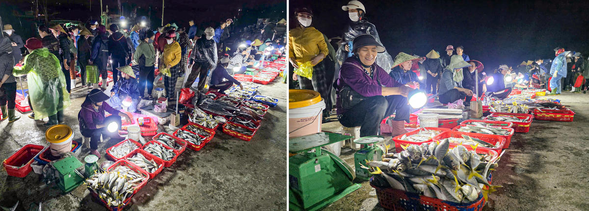 Không khí giao thương cuồn cuộn từ lúc trời chưa tỏ mặt người. Tiếng máy tàu, tiếng người gọi nhau, tiếng thùng xốp va vào nền bến… hòa thành một nhịp điệu đặc trưng của vùng biển miền Trung. Ảnh: Cẩm Kỳ&nbsp;