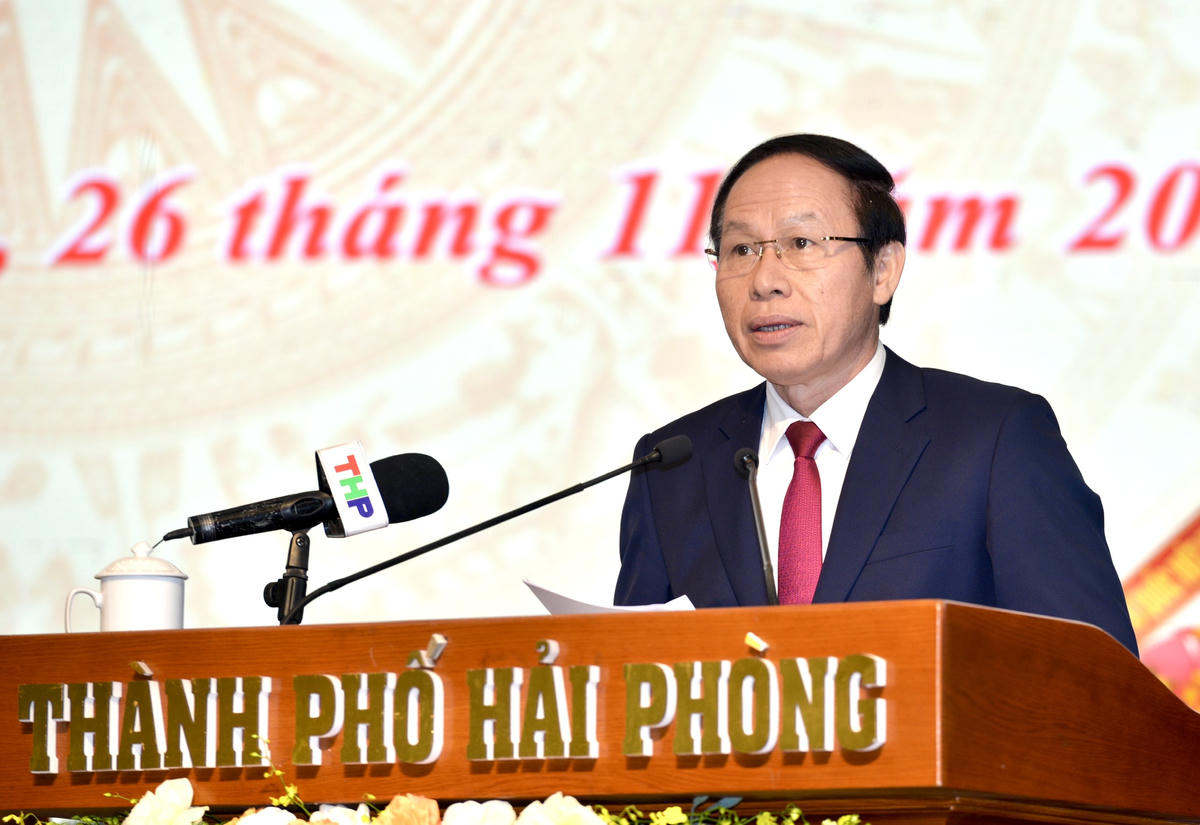 Bí thư Thành ủy Hải Phòng Lê Tiến Châu phát biểu tại Đại hội. Ảnh: Ngọc Anh.