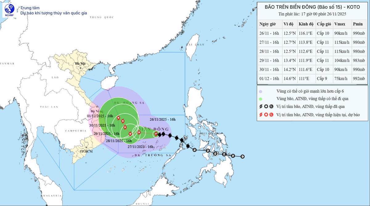 Đường đi dự kiến của bão số 15. Ảnh: KTTV