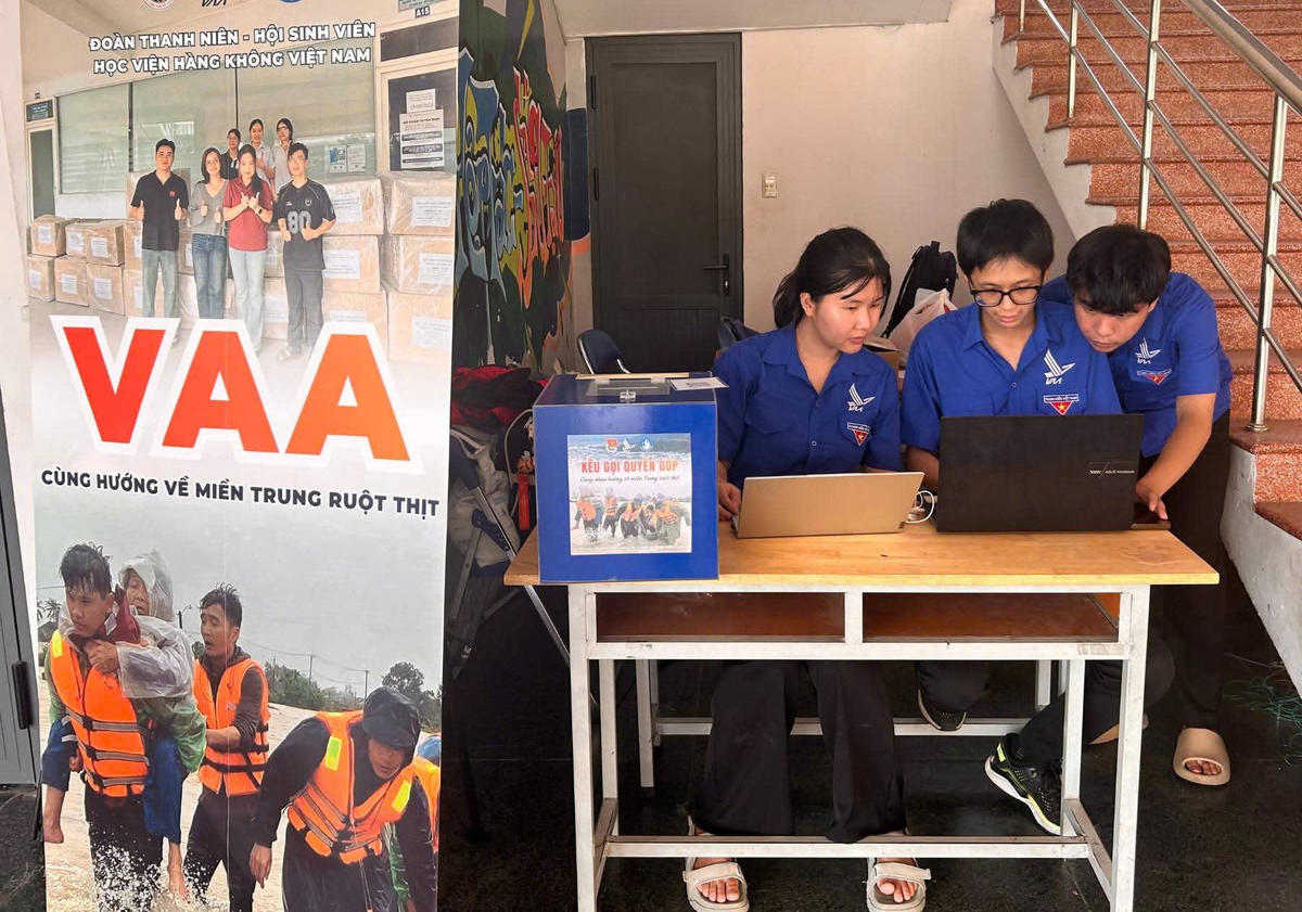 Một điểm tiếp nhận ủng hộ đồng bào miền Trung của Học viện Hàng không Việt Nam. Ảnh: H.P