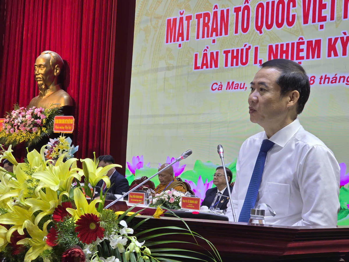 Phó Bí thư Đảng uỷ Mặt trận Tổ quốc, các đoàn thể Trung ương Nguyễn Thái Học phát biểu tại Đại hội. Ảnh: Nguyên Du