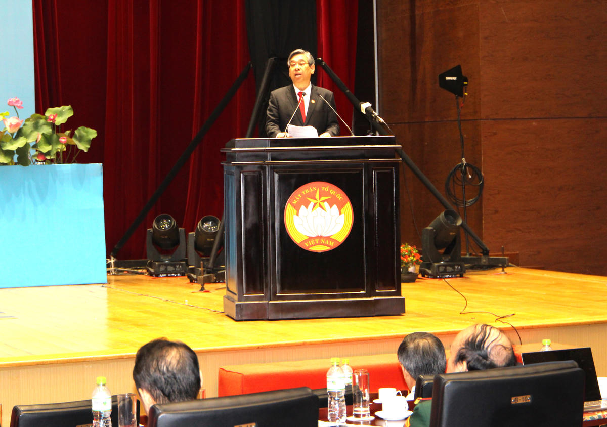 Ông Nguyễn Phước Lộc - Phó Bí thư Thành ủy, Chủ tịch Ủy ban Mặt trận Tổ quốc Việt Nam TP Hồ Chí Minh phát biểu diễn văn khai mạc đại hội. Ảnh: Q.Đ.