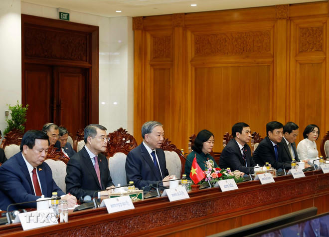 Tổng Bí thư Tô Lâm phát biểu tại cuộc hội kiến Chủ tịch Quốc hội Lào. (Ảnh: Thống Nhất/TTXVN)