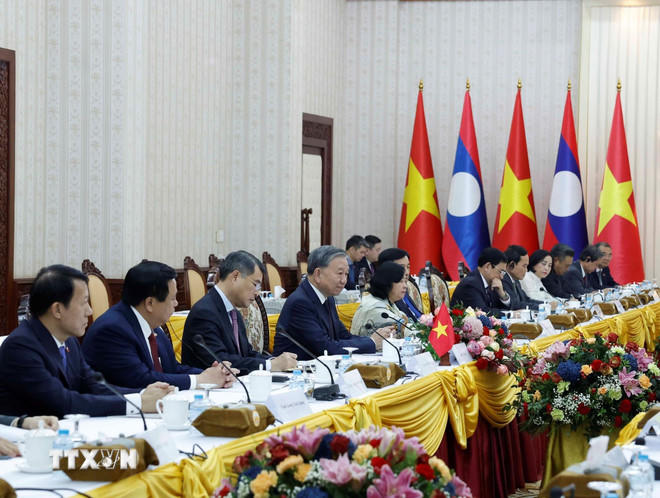 Tổng Bí thư Tô Lâm phát biểu tại cuộc hội kiến Thủ tướng Lào Sonexay Siphandone. (Ảnh: Thống Nhất/TTXVN)